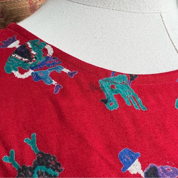 90s Putumayo Vintage Dropwaist Folk Print Red Dress Large - Picture 5 of 9